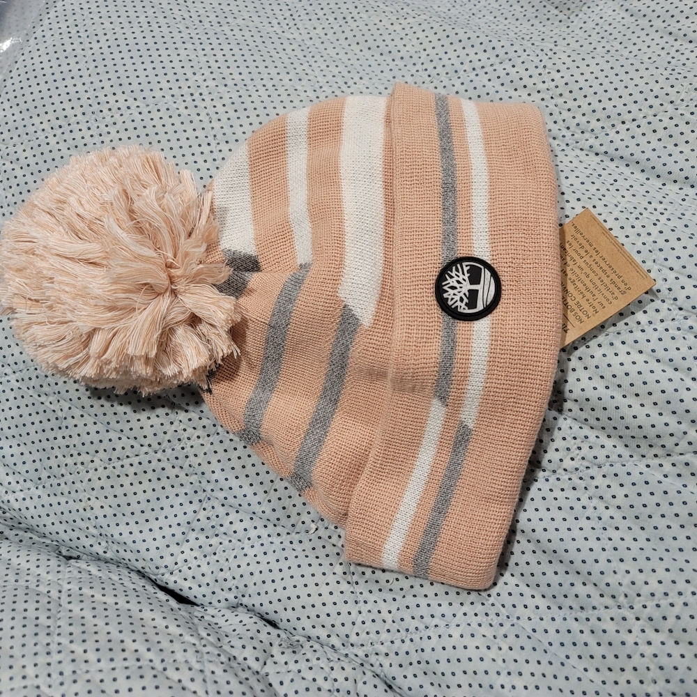 timberland logo pom pom knit hat nwt